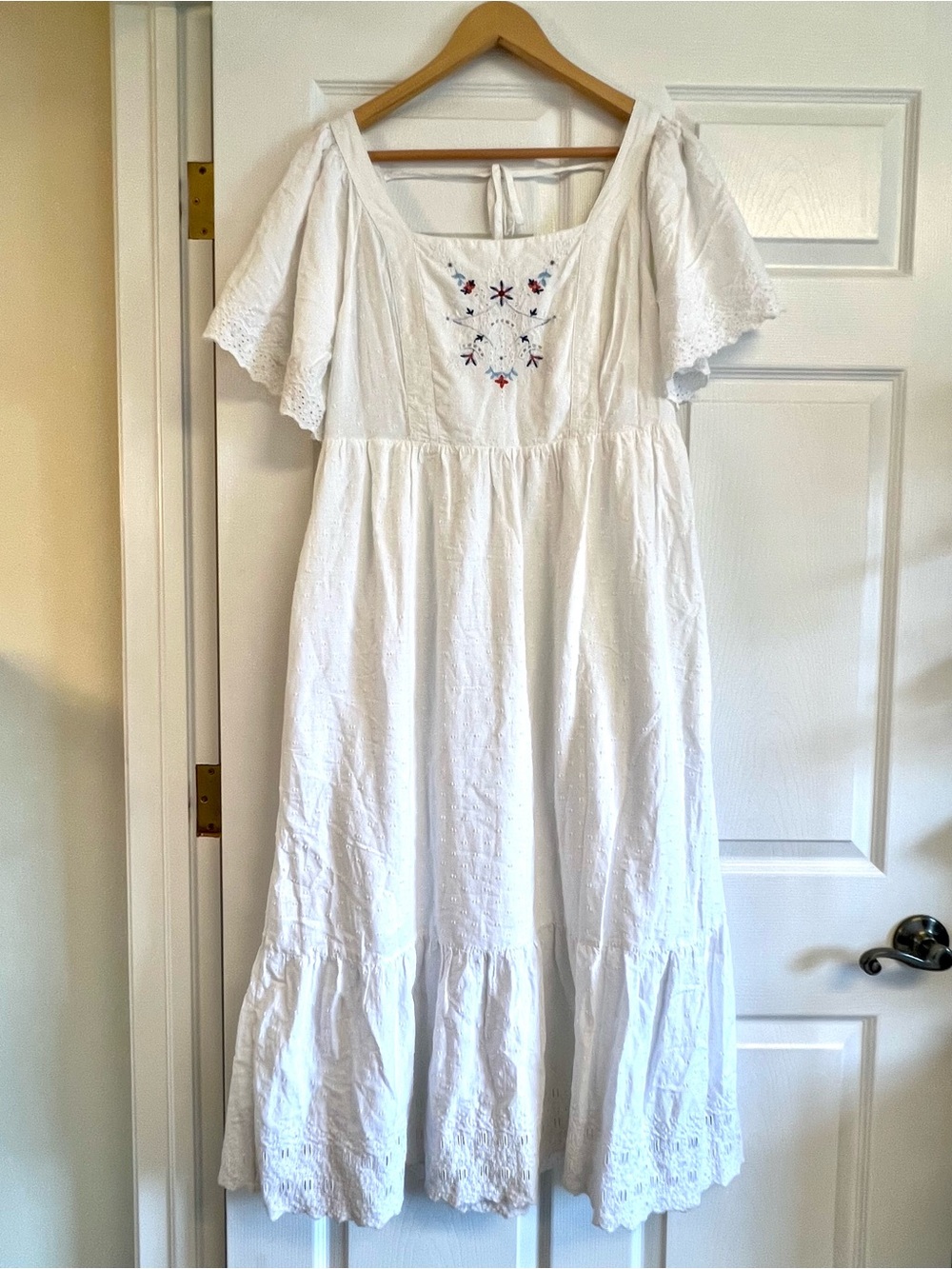 Old Navy White Midi Eyelet Dress with Multicolor Embroidery